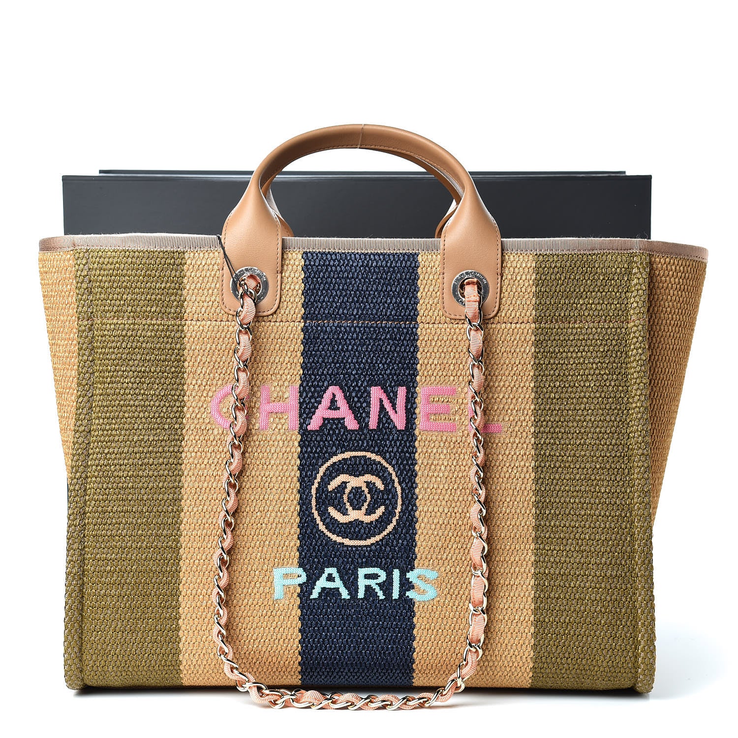 Chanel Straw Raffia Calfskin Striped Large Deauville Tote Khaki Beige Navy Blue 12 of 12