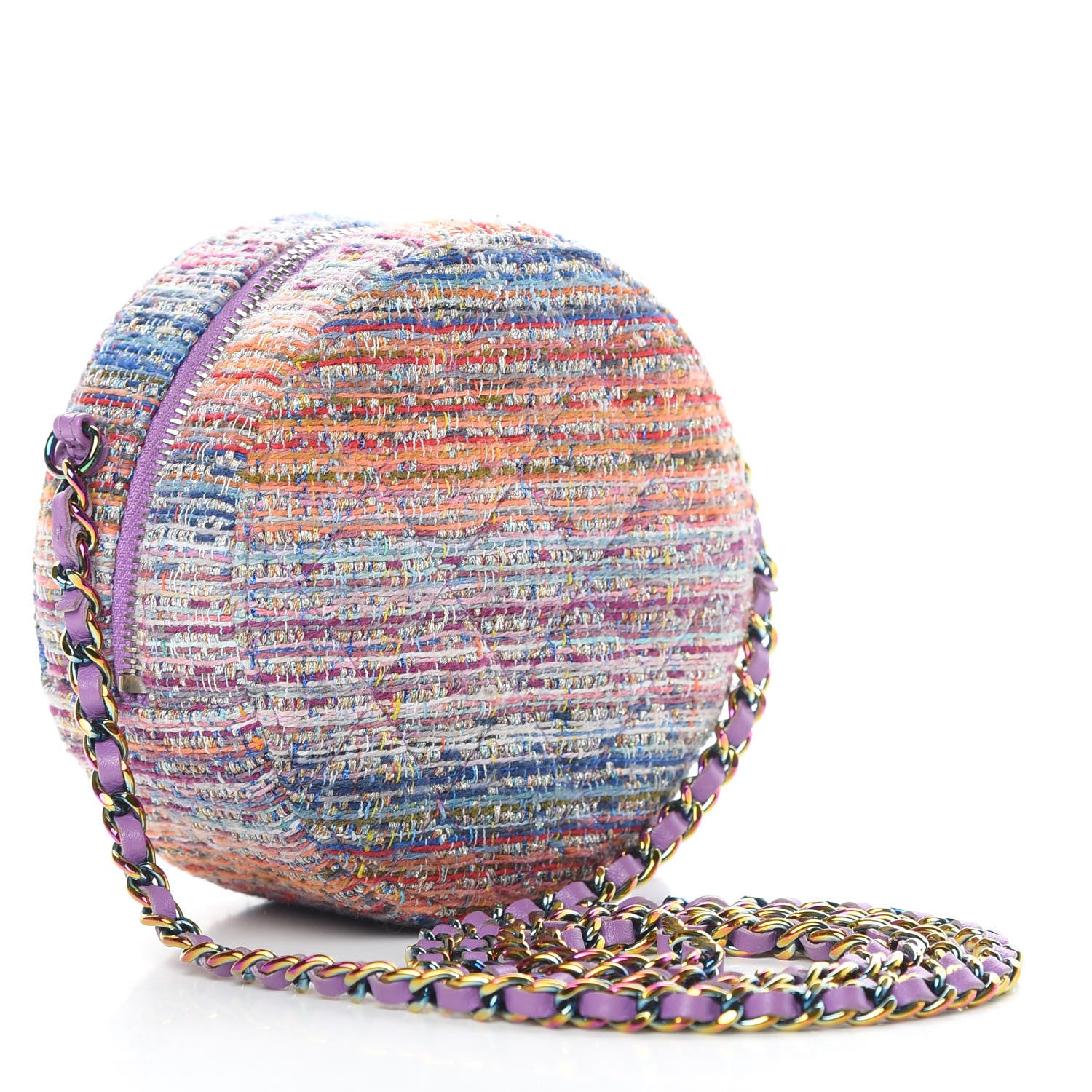 Chanel Tweed Quilted Round Clutch With Chain Blue Pink Orange 3 of 11