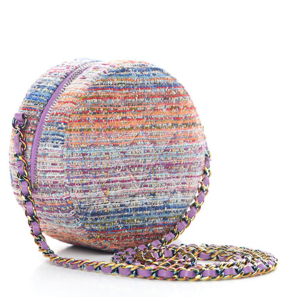 Chanel Tweed Quilted Round Clutch With Chain Blue Pink Orange 3 of 11
