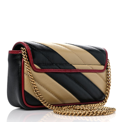 Gucci Vintage Effect Calfskin Matelasse Diagonal Striped Super Mini Torchon GG Marmont Shoulder Bag Black Beige 3 of 9