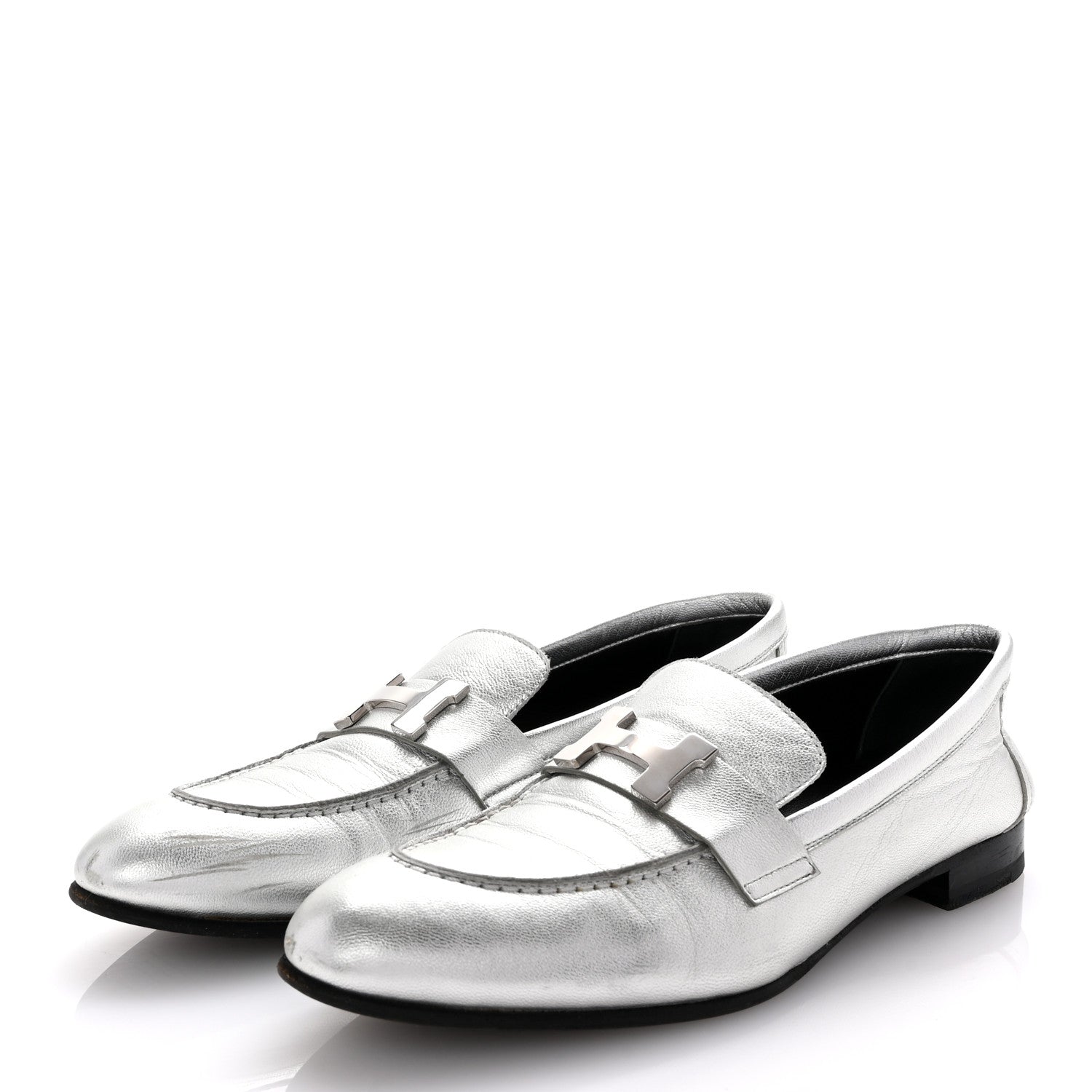 Hermes Metallic Calfskin Womens Paris Loafers 37 Silver 4 of 10