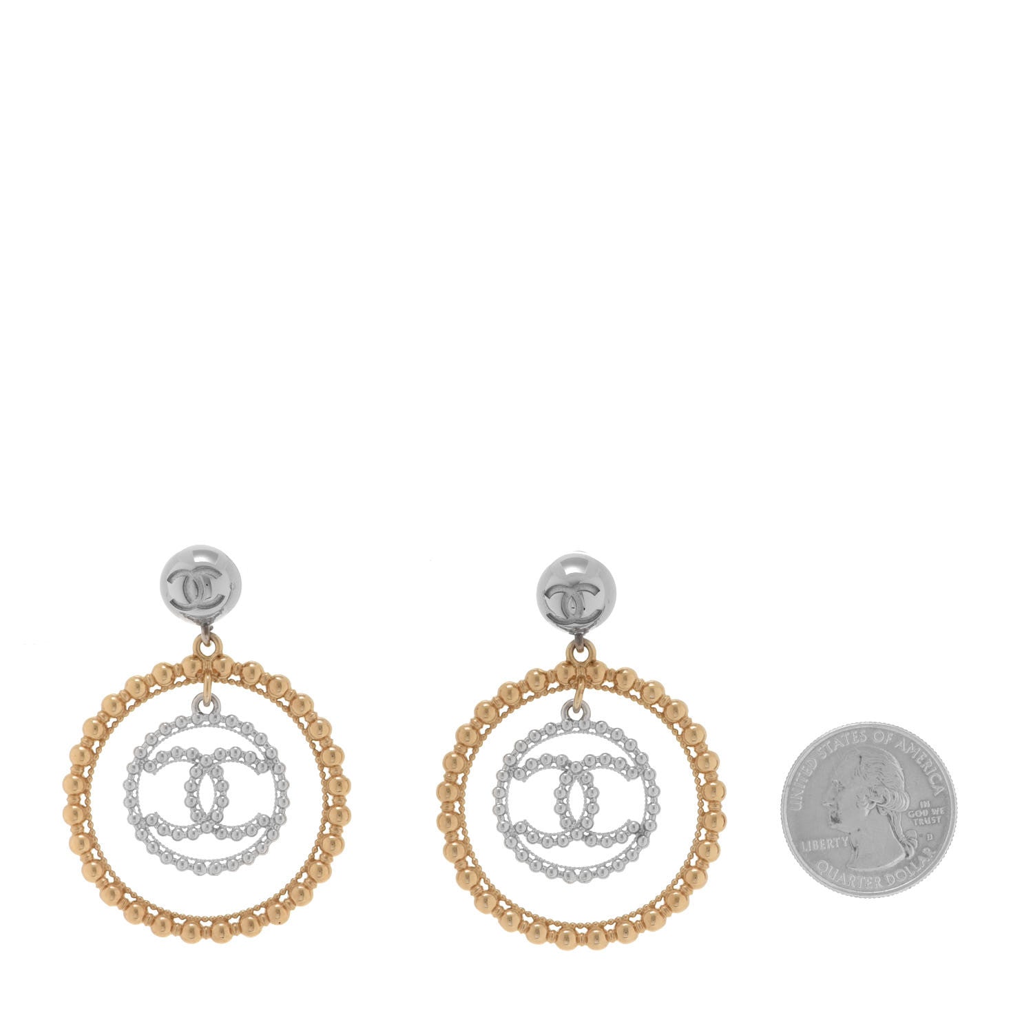 Chanel Metal Bead Round CC Drop Earrings Gold Silver 2 of 5