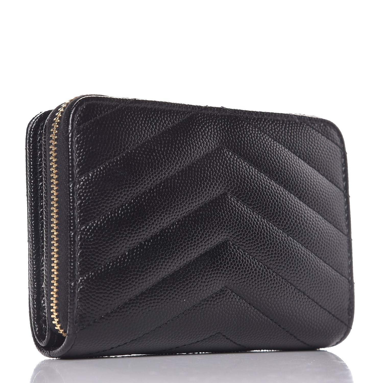 Saint Laurent Grain De Poudre Matelasse Chevron Monogram Compact Zip Around Wallet Black 3 of 6