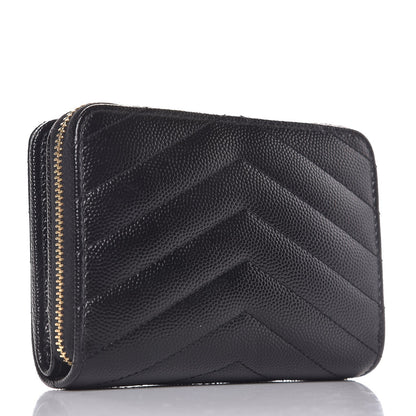 Saint Laurent Grain De Poudre Matelasse Chevron Monogram Compact Zip Around Wallet Black 3 of 6