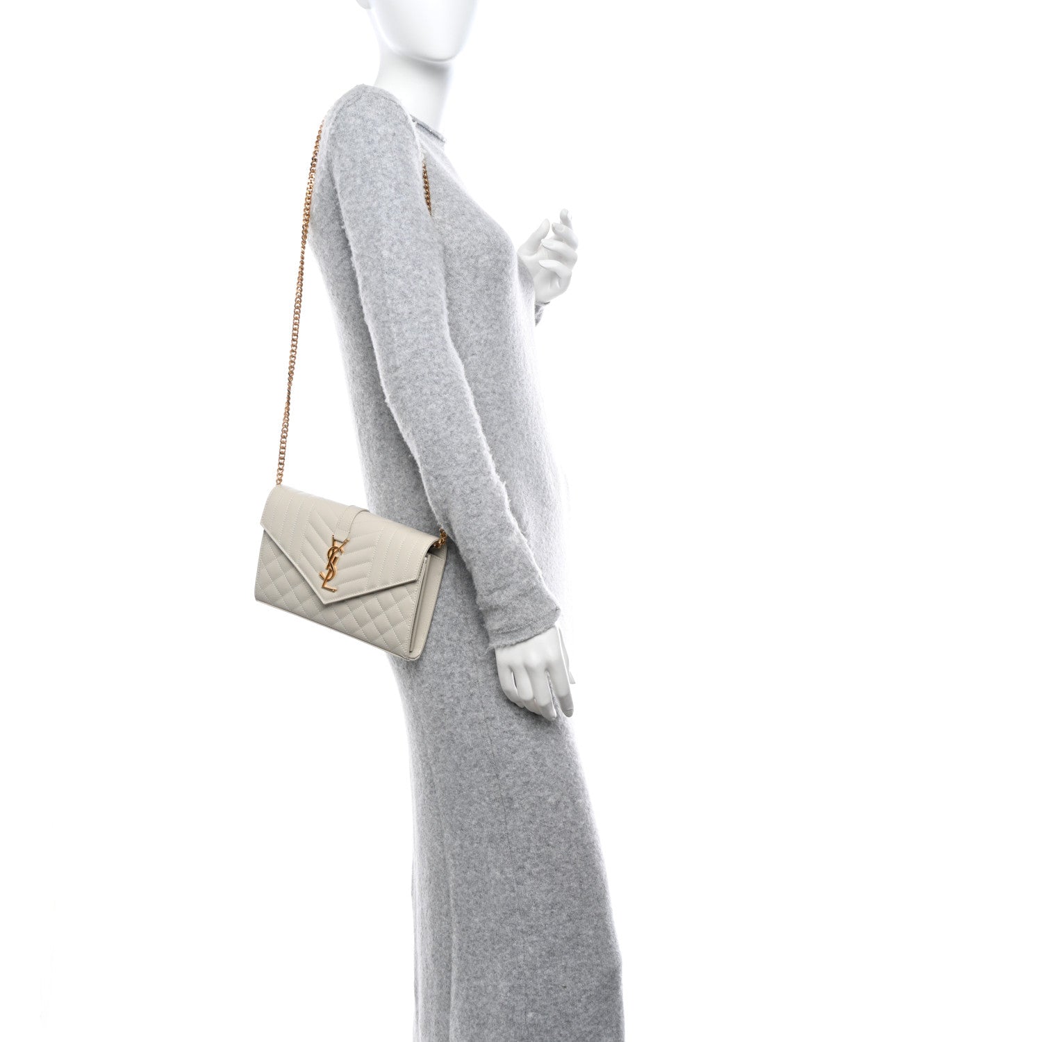 Saint Laurent Grain De Poudre Mixed Matelasse Triquilt Monogram Chain Wallet Crema Soft 2 of 9