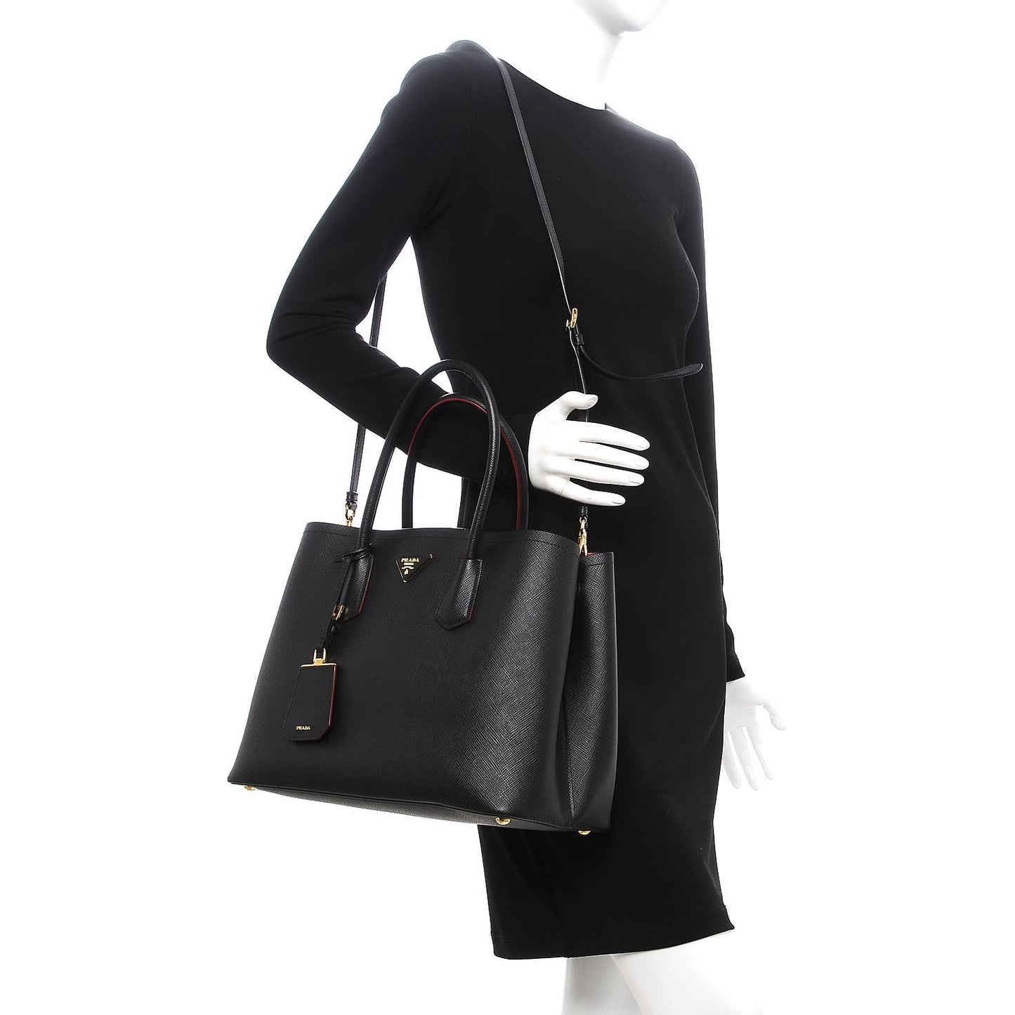 Saffiano Cuir Large Double Bag Nero Black Ciliegia