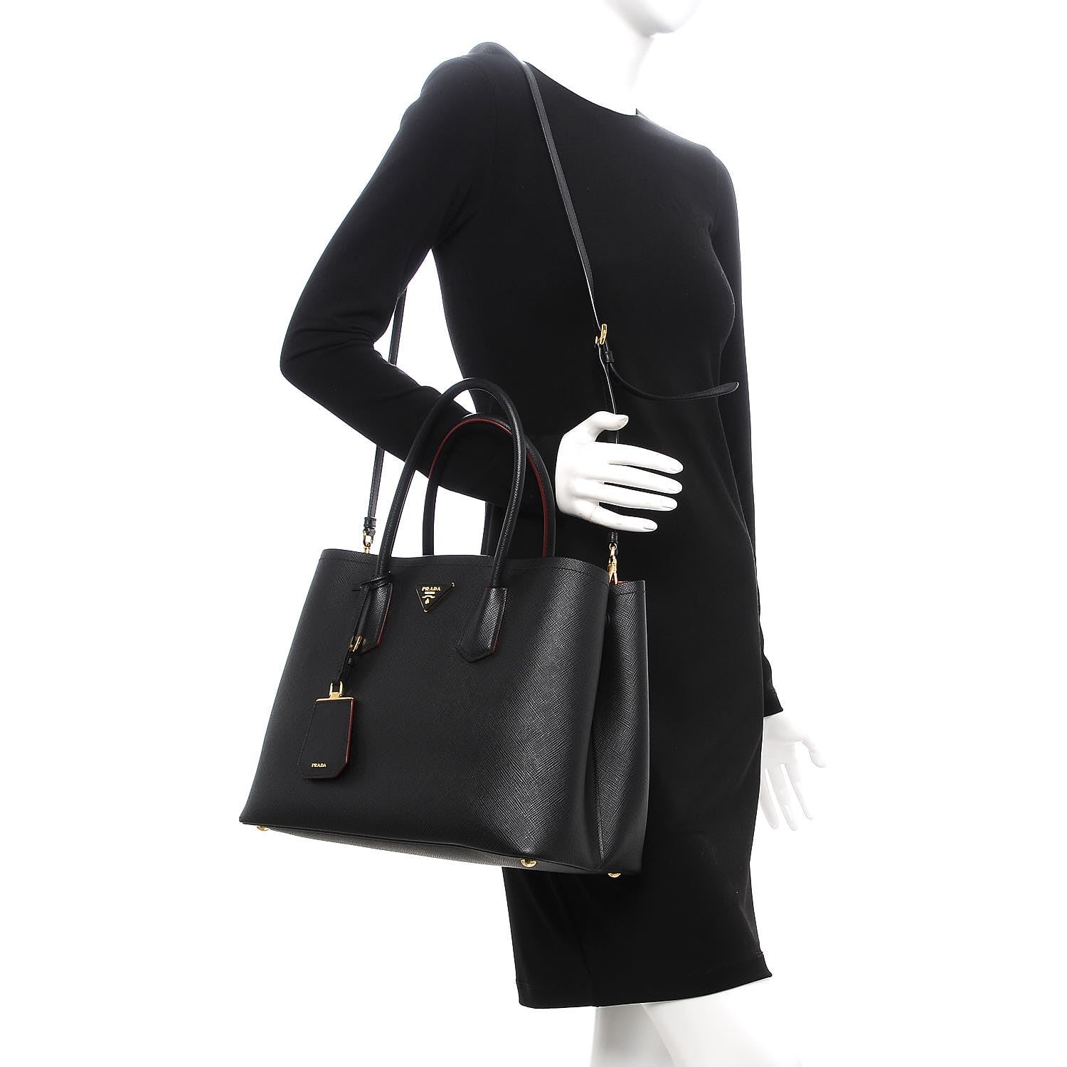 Prada Saffiano Cuir Large Double Bag Nero Black Ciliegia 2 of 15