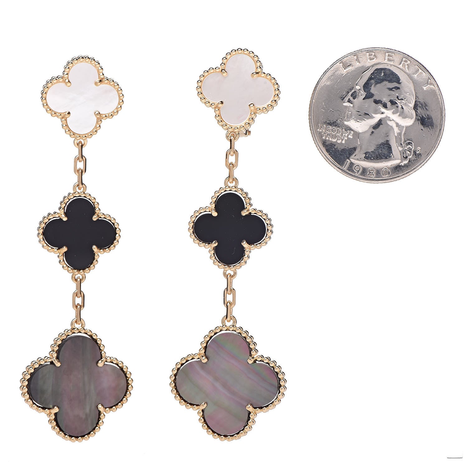 Van Cleef & Arpels 18K Yellow Gold Mother of Pearl Black Onyx 3 Motifs Magic Alhambra Earrings 2 of 4