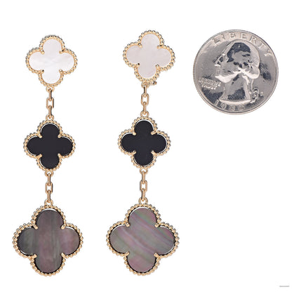 Van Cleef & Arpels 18K Yellow Gold Mother of Pearl Black Onyx 3 Motifs Magic Alhambra Earrings 2 of 4
