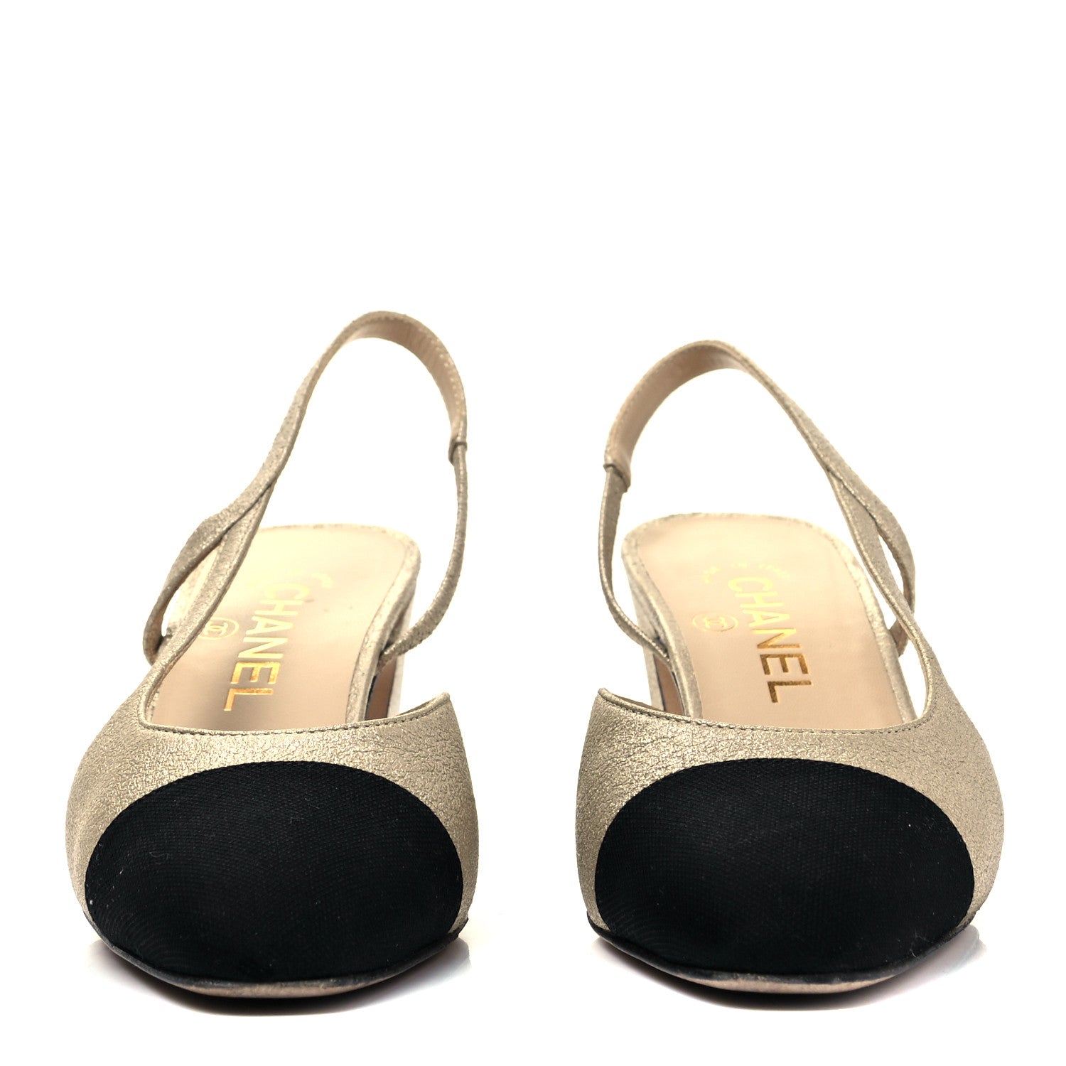 Chanel Metallic Lambskin Grosgrain Cap Toe CC Slingback Pumps 36 Gold Black 2 of 8