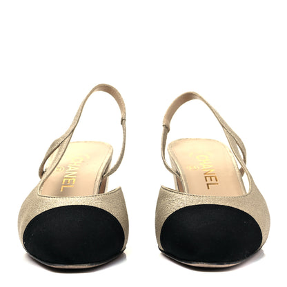 Chanel Metallic Lambskin Grosgrain Cap Toe CC Slingback Pumps 36 Gold Black 2 of 8