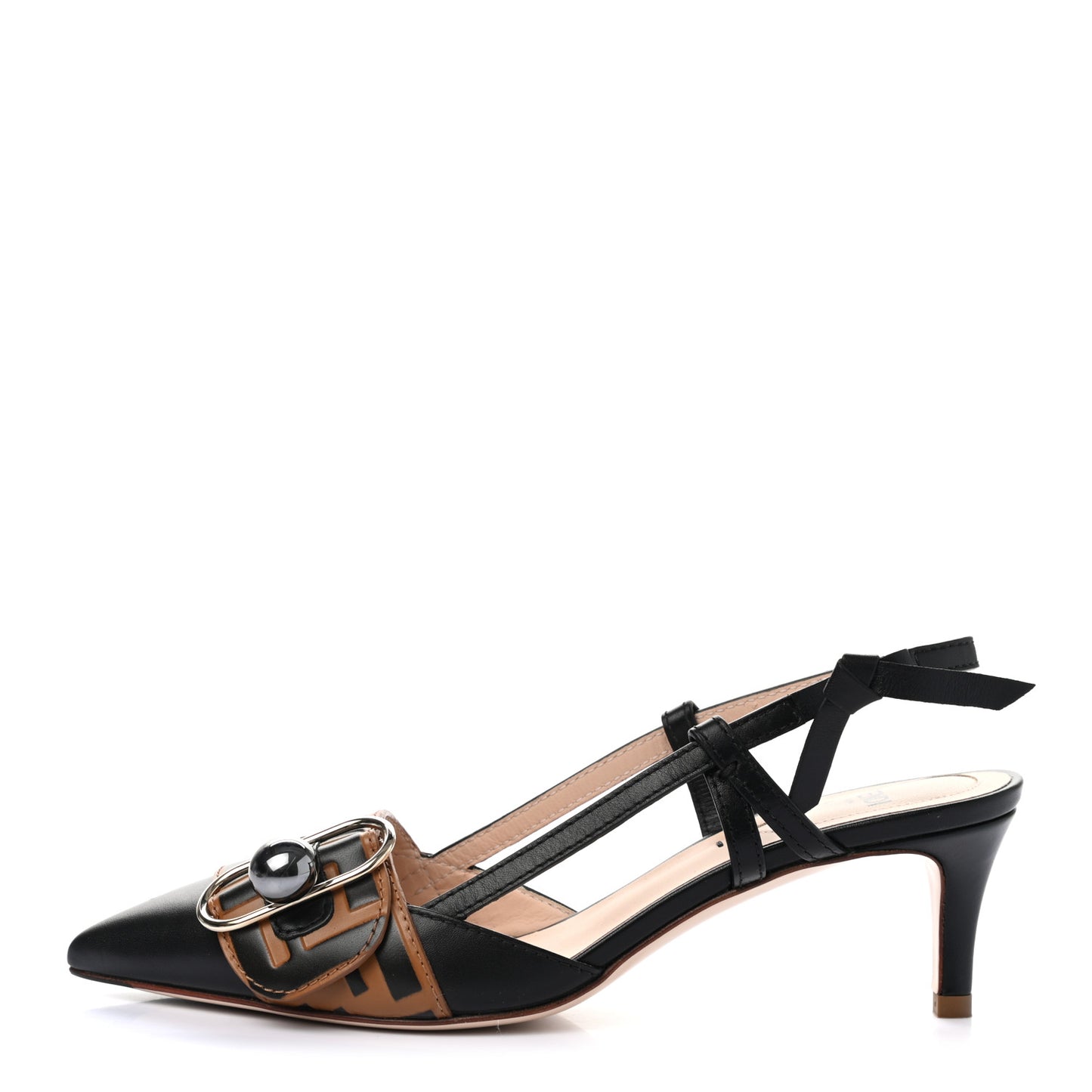 Vitello FF Embossed Pearland Decollete Aperta Slingback Pumps 35 Black Tobacco Moro
