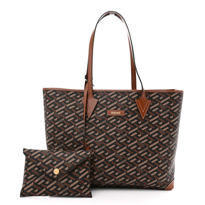 Versace Coated Canvas Calfskin La Greca Signature Shopper Tote Bag Black Caramel 3 of 10