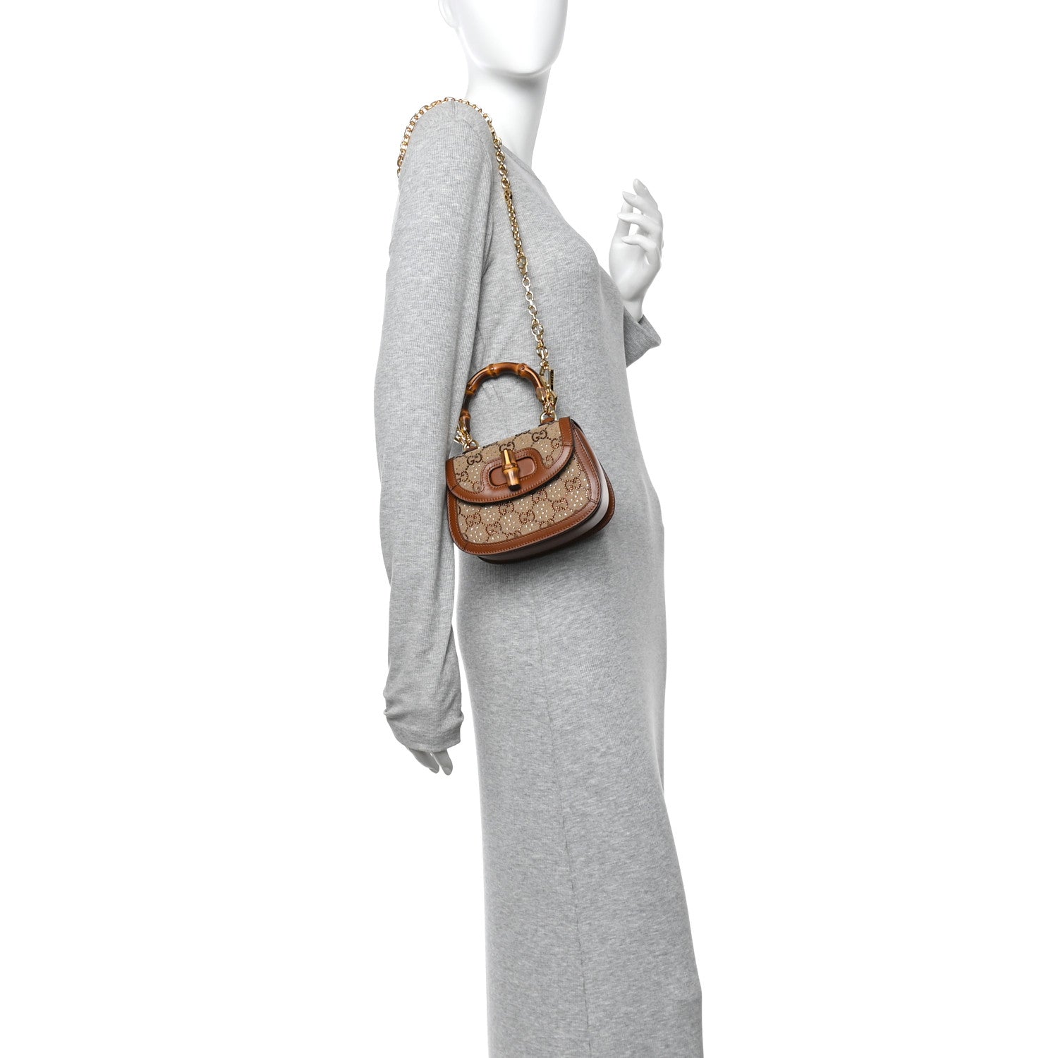 Gucci New Canvas Charisma Calfskin Crystal GG Monogram Small Bamboo 1947 Top Handle Bag Camel Ebony 2 of 10