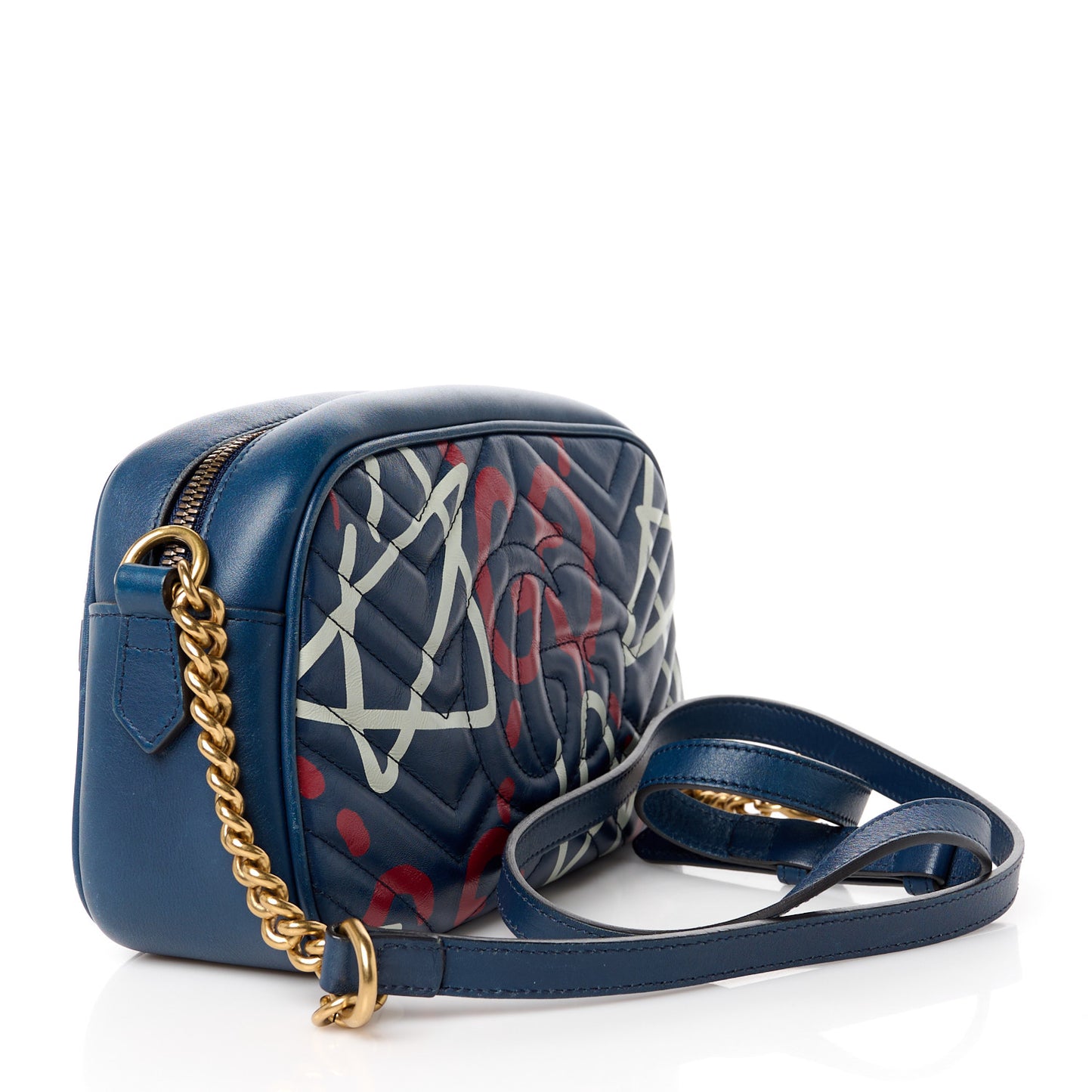 Calfskin Matelasse GucciGhost Small GG Marmont Chain Shoulder Bag Blue Agata Hibiscus Red