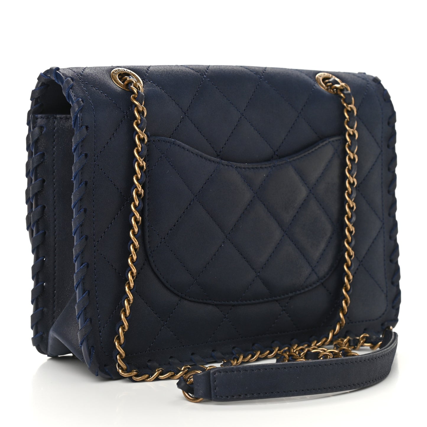 Iridescent Calfskin Small Happy Stitch Flap Navy