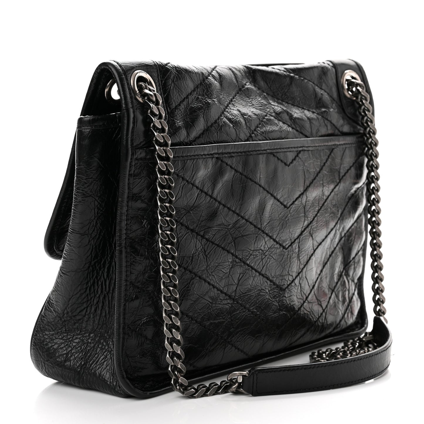 Crinkled Calfskin Matelasse Monogram Medium Niki Chain Satchel Black
