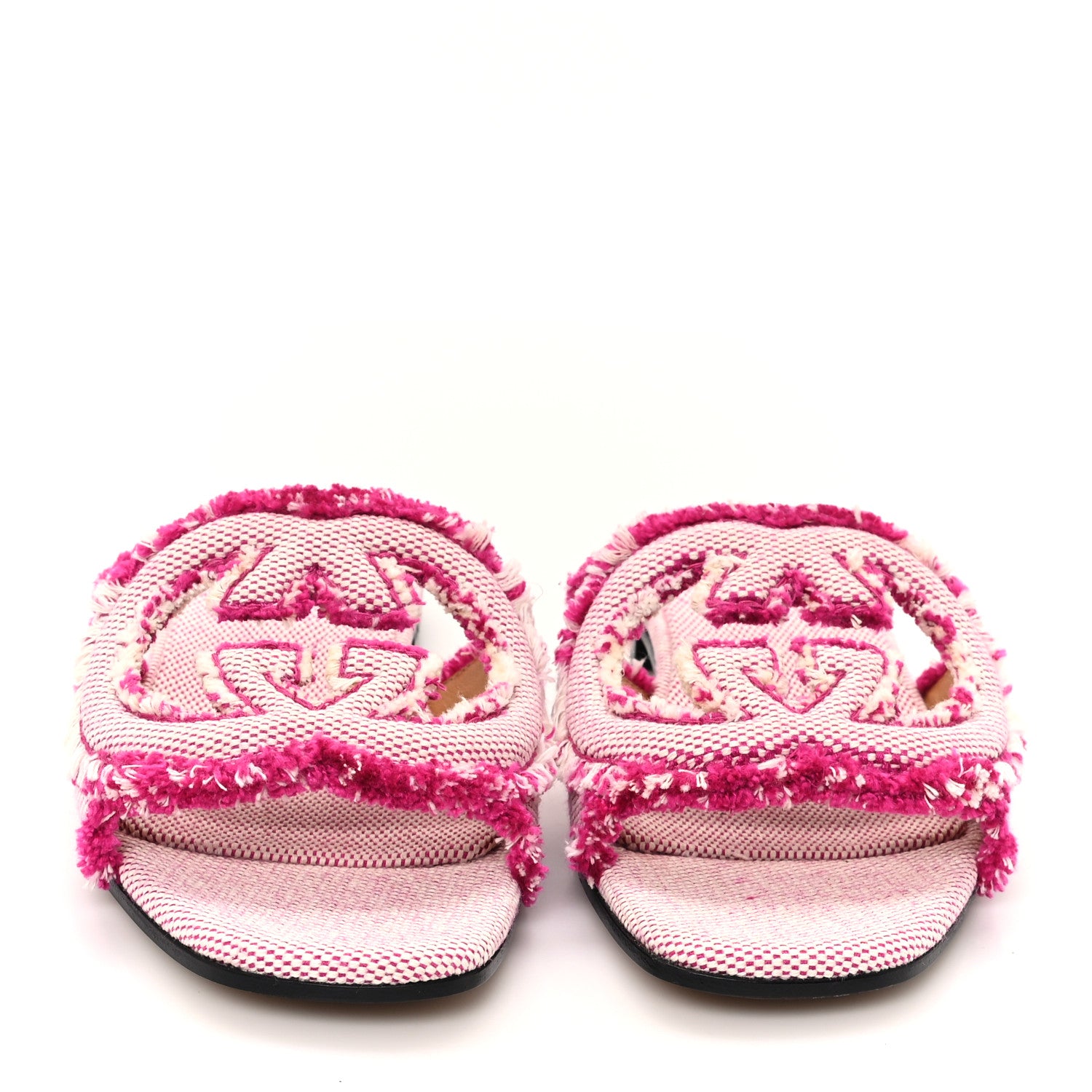 Gucci Fringed Canvas Interlocking G Cut Out Slide Sandals 37 Princess Fuxia Natural 3 of 9