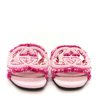 Gucci Fringed Canvas Interlocking G Cut Out Slide Sandals 37 Princess Fuxia Natural 3 of 9
