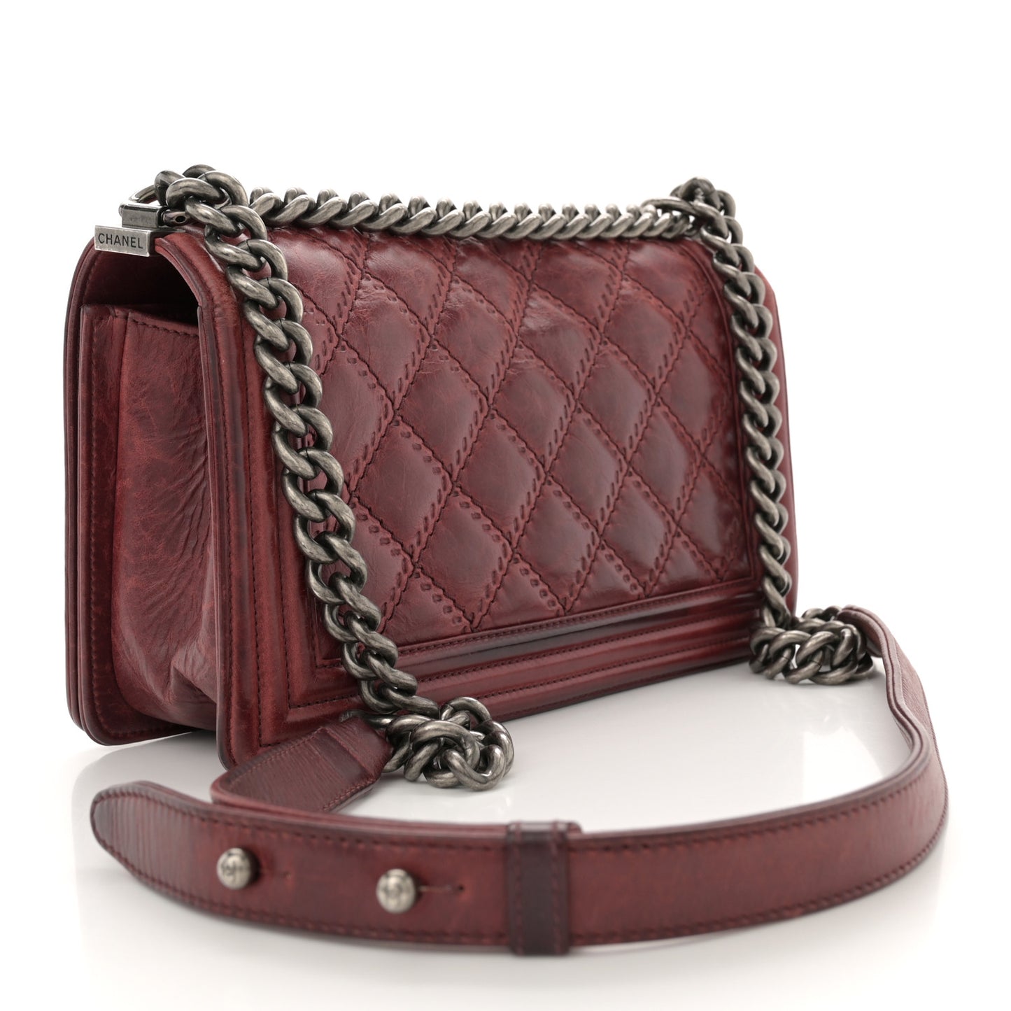 Calfskin Quilted Double Stitched Medium Boy Flap Burgundy