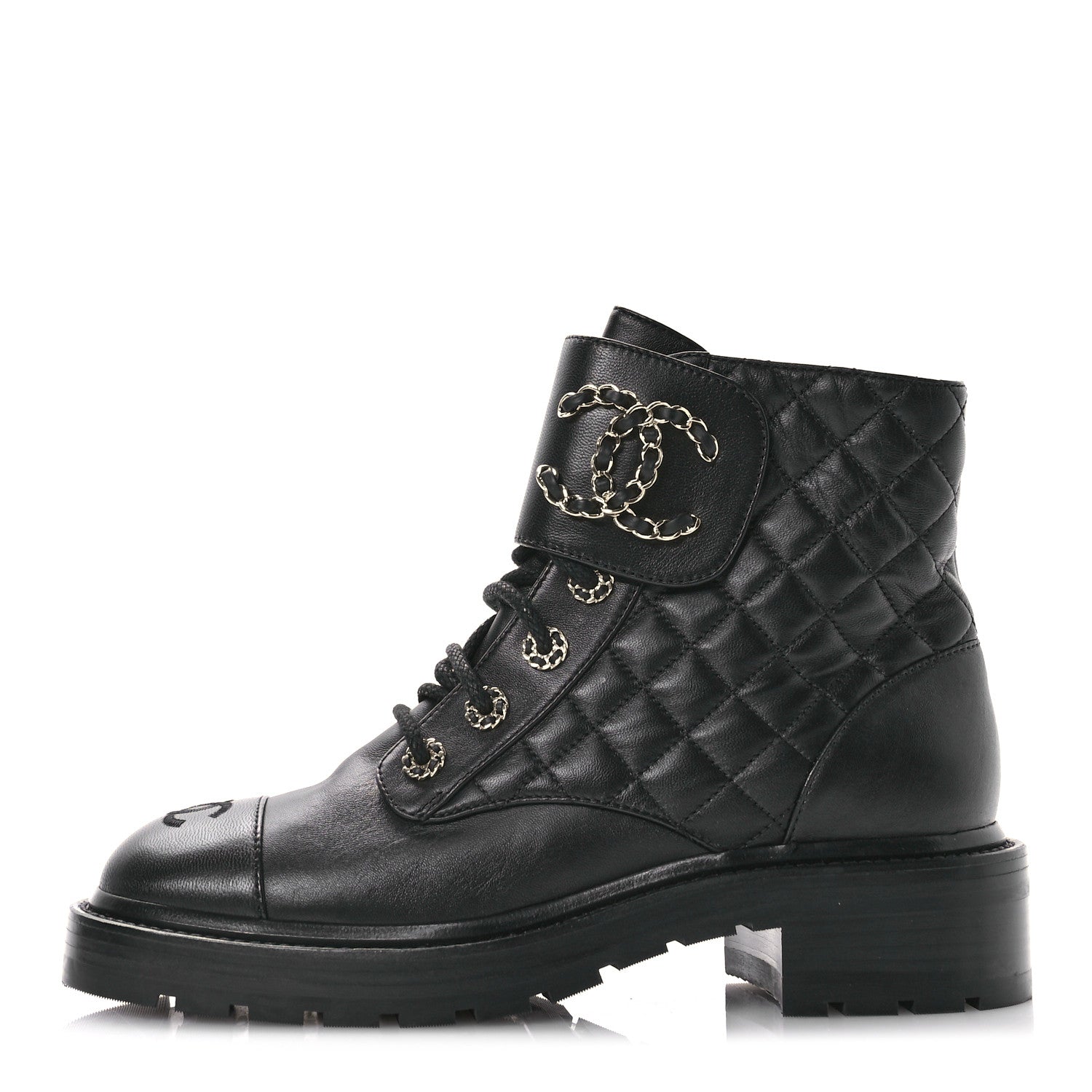 Chanel Shiny Calfskin Quilted Lace Up Combat Boots 38.5 Black 1 of 9