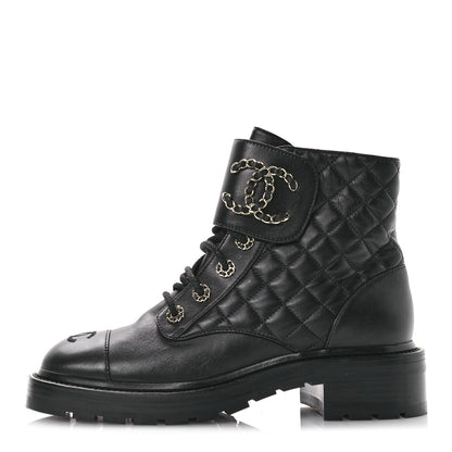 Chanel Shiny Calfskin Quilted Lace Up Combat Boots 38.5 Black 1 of 9
