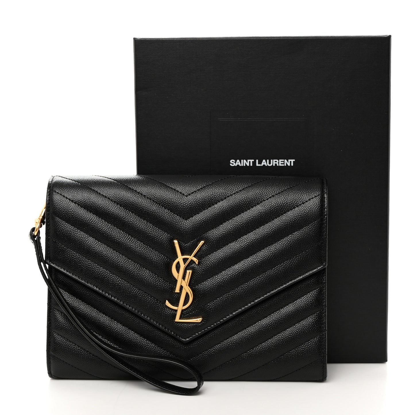 Grain De Poudre Matelasse Chevron Monogram Envelope Clutch Black