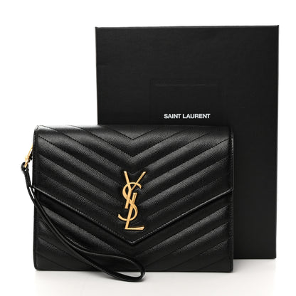 Saint Laurent Grain De Poudre Matelasse Chevron Monogram Envelope Clutch Black 3 of 8