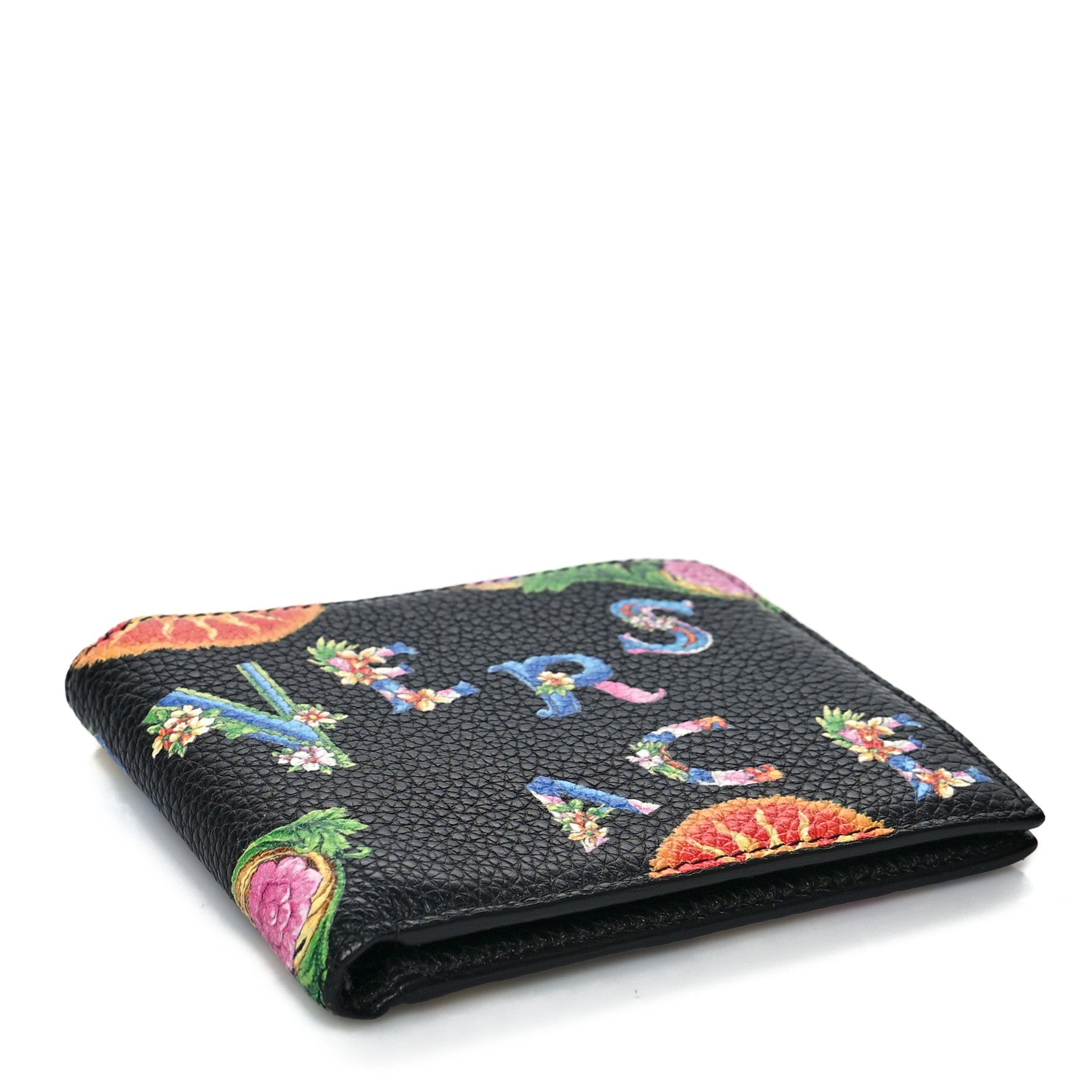 Versace Grained Calfskin Beverly Palm Print Bi-Fold Wallet Black Multicolor 4 of 7