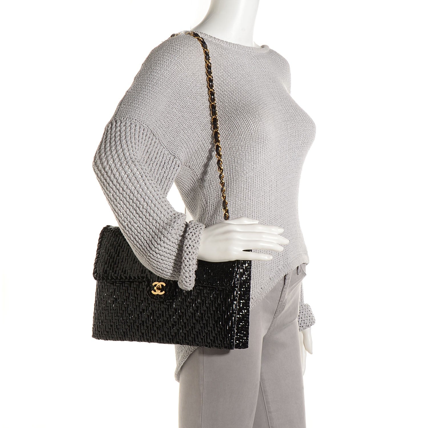 Chanel Lacquered Woven Straw Jumbo Single Flap Black 2 of 8