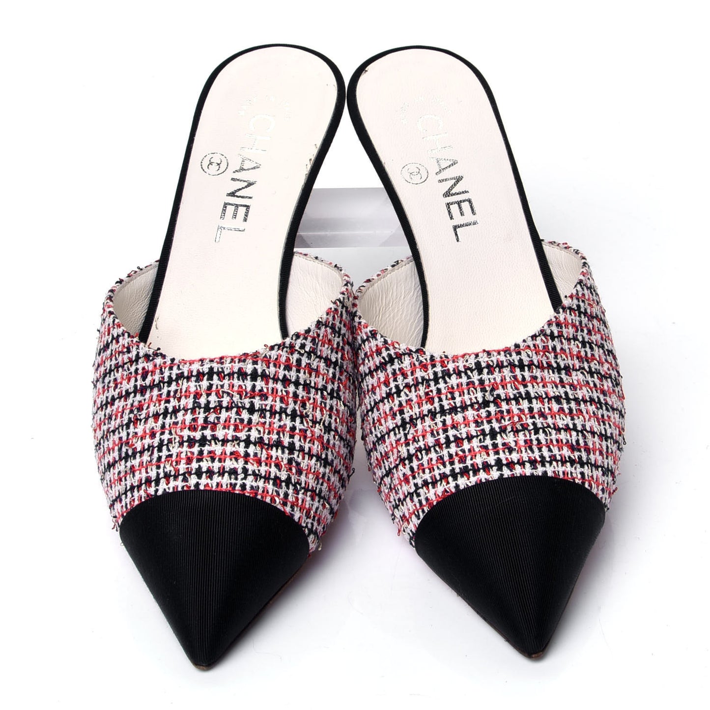 Tweed Grosgrain Pearl Cap Toe Mules 37 Black Red