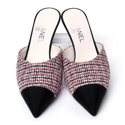 Chanel Tweed Grosgrain Pearl Cap Toe Mules 37 Black Red 5 of 9