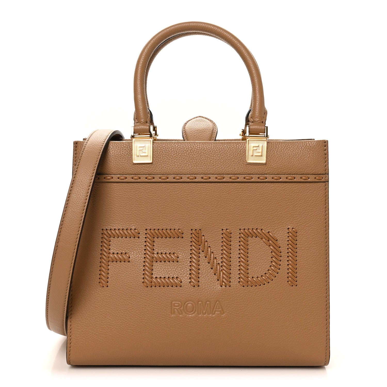 Fendi Vitello Santa Barbara Woven Logo Small Fendi Sunshine Shopper Tote Cappucino 1 of 9