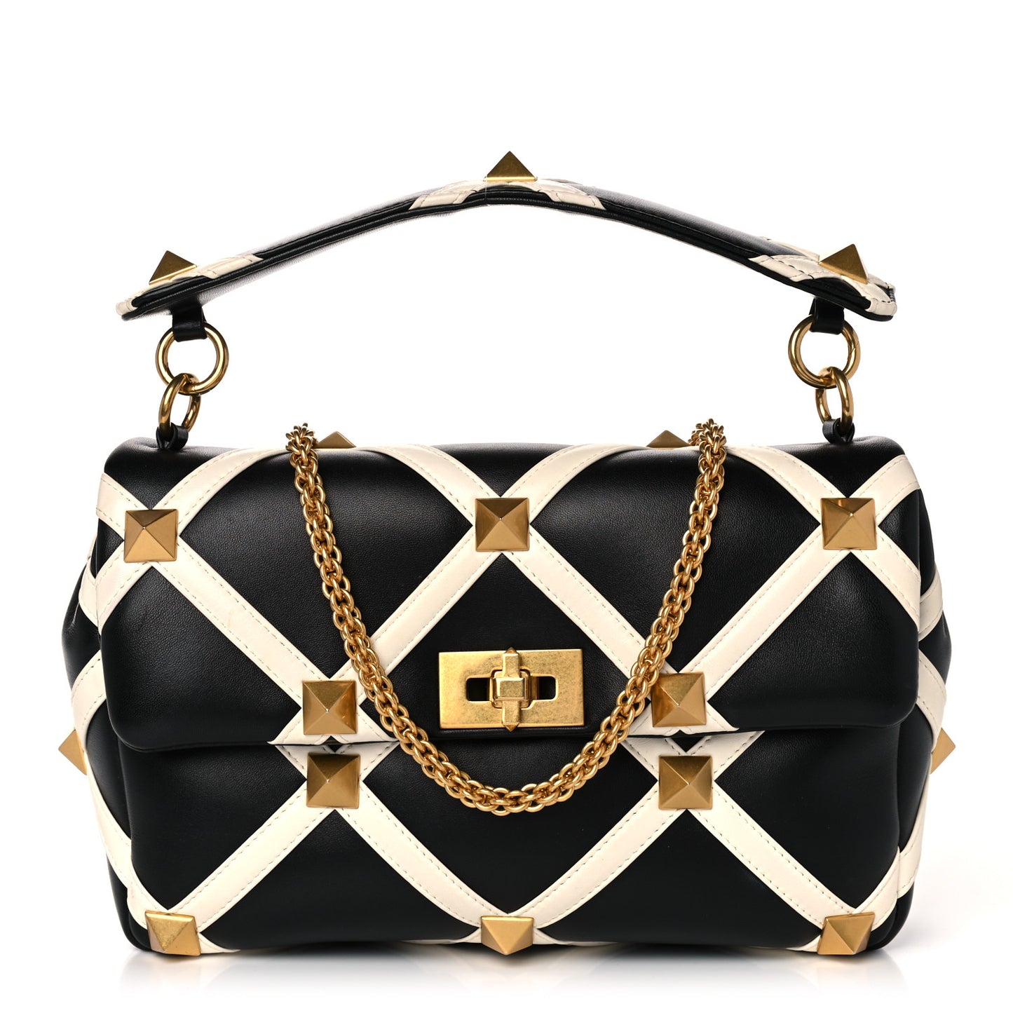 Nappa Large Roman Stud Shoulder Bag Black White
