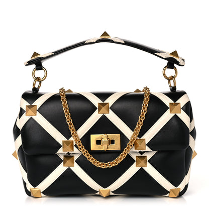 Valentino Garavani Nappa Large Roman Stud Shoulder Bag Black White 1 of 14