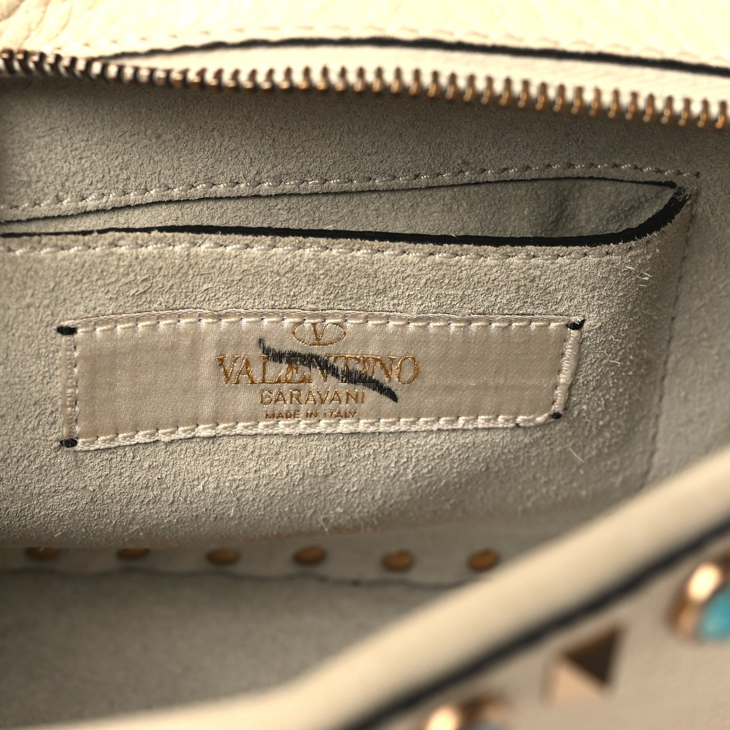 Grained Calfskin Turquoise Rockstud Rolling Camera Crossbody Bag Ivory