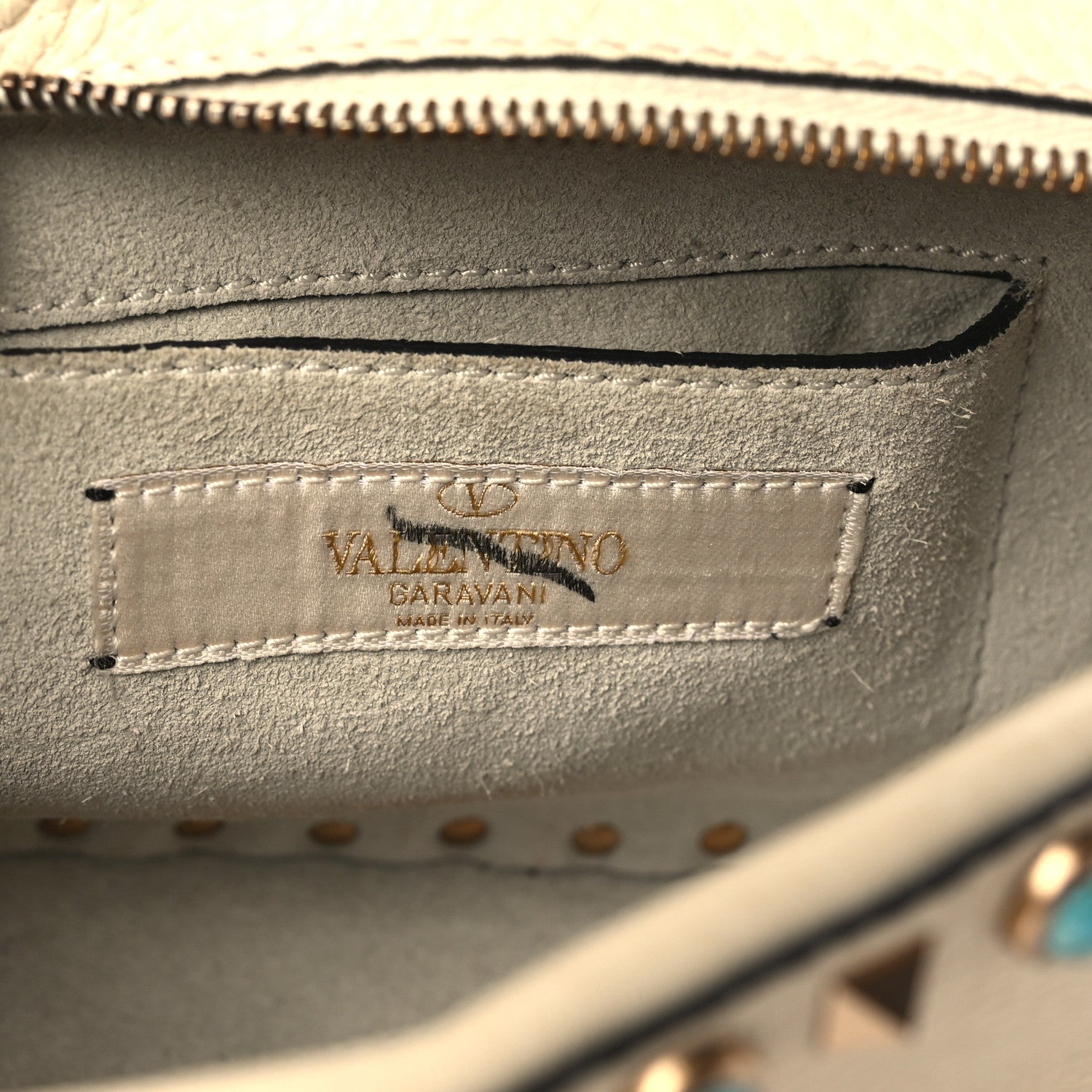 Valentino Garavani Grained Calfskin Turquoise Rockstud Rolling Camera Crossbody Bag Ivory 6 of 9