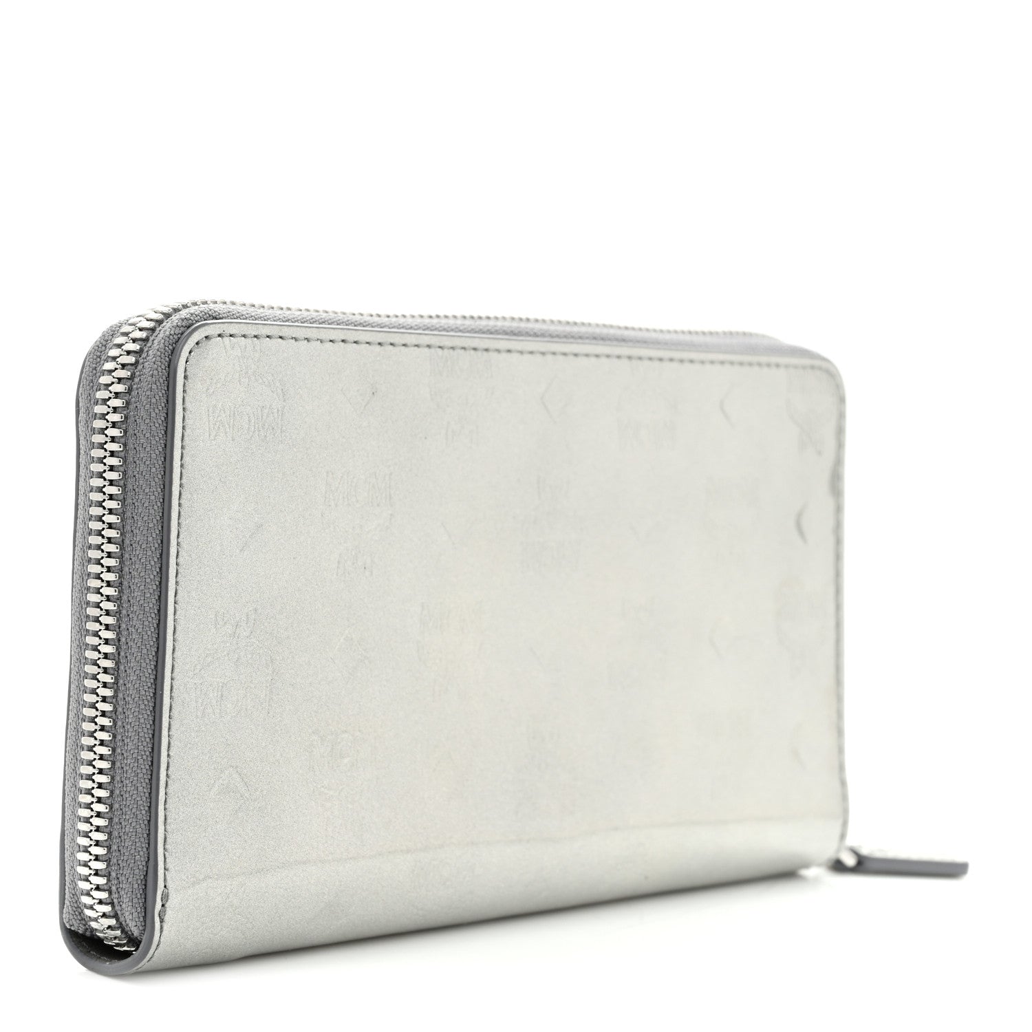 MCM Metallic Monogram Patent Large Zip Around Wallet Silver