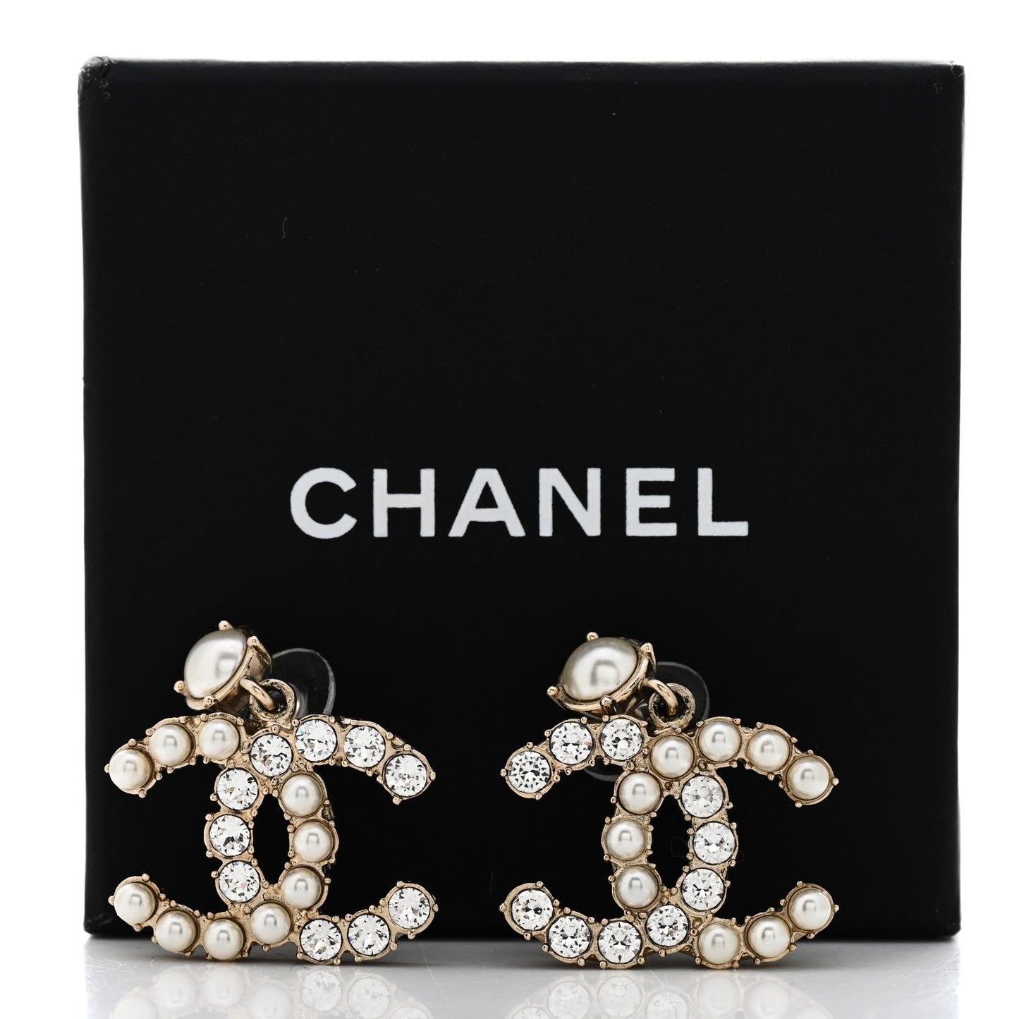 Crystal Pearl Dazzling Domino CC Drop Earrings Gold