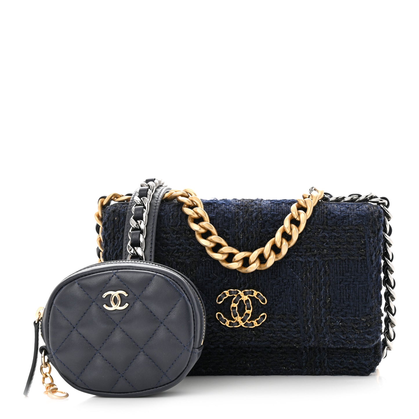 Wool Tweed Lambskin Quilted Chanel 19 Wallet On Chain WOC Navy