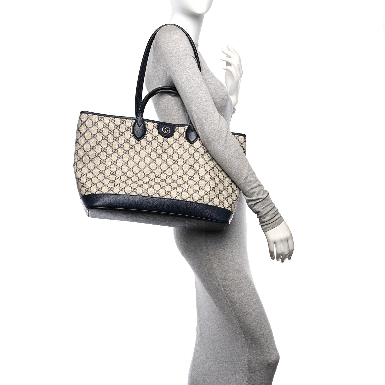 Gucci GG Supreme Monogram Textured Dollar Calfskin Medium Ophidia Shoulder Tote Bag Beige Blue 2 of 12