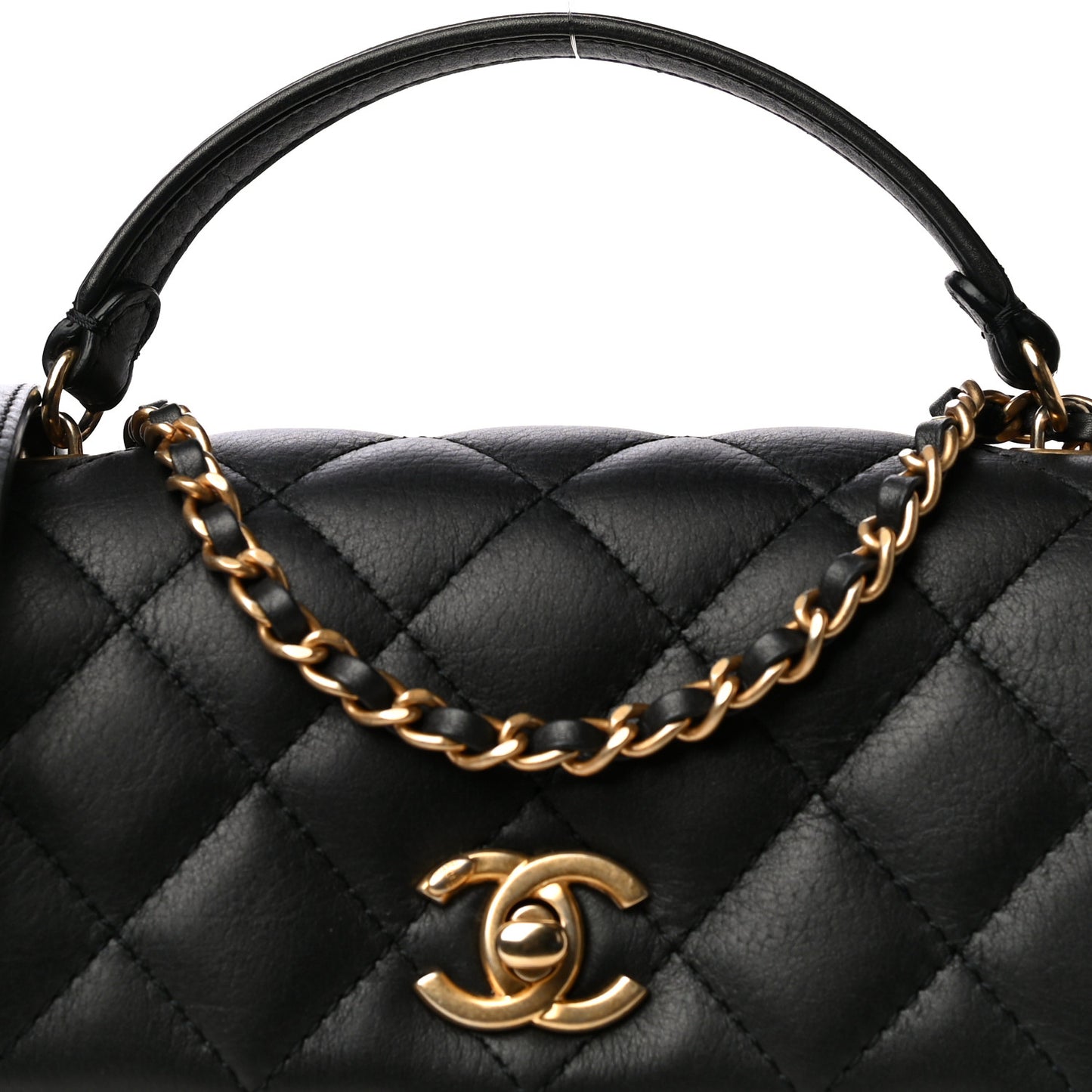 Calfskin Quilted Top Handle Flap Black