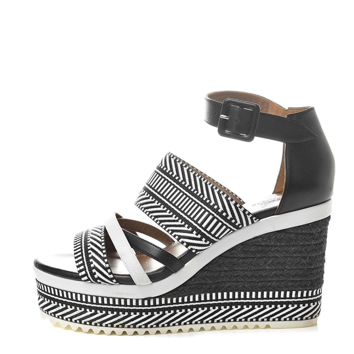 Hermes Toile Swift Roma Espadrille Wedge Sandals 37.5 Black White 1 of 8