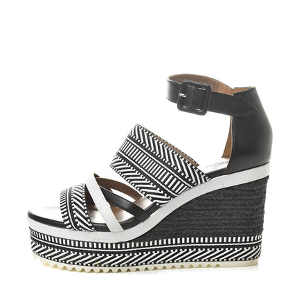 Hermes Toile Swift Roma Espadrille Wedge Sandals 37.5 Black White 1 of 8