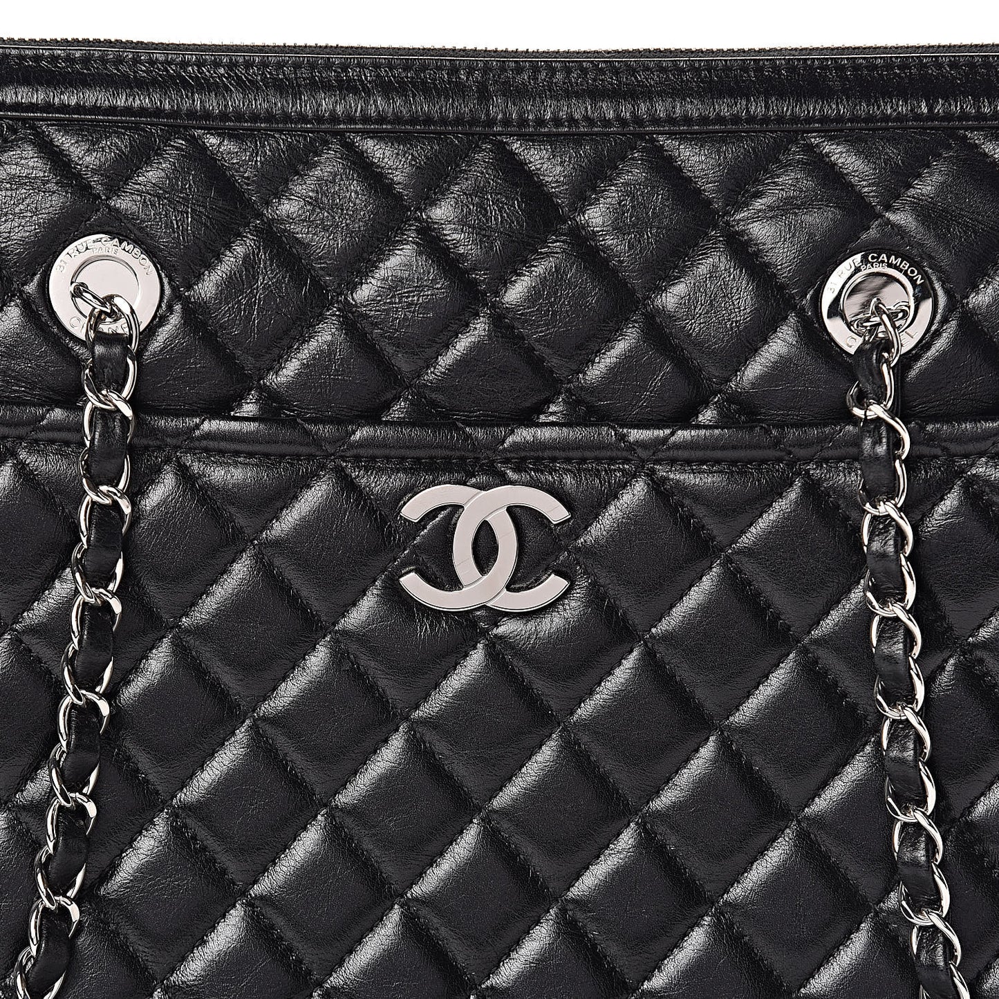 Glazed Calfskin Quilted Large Shopping Tote Black