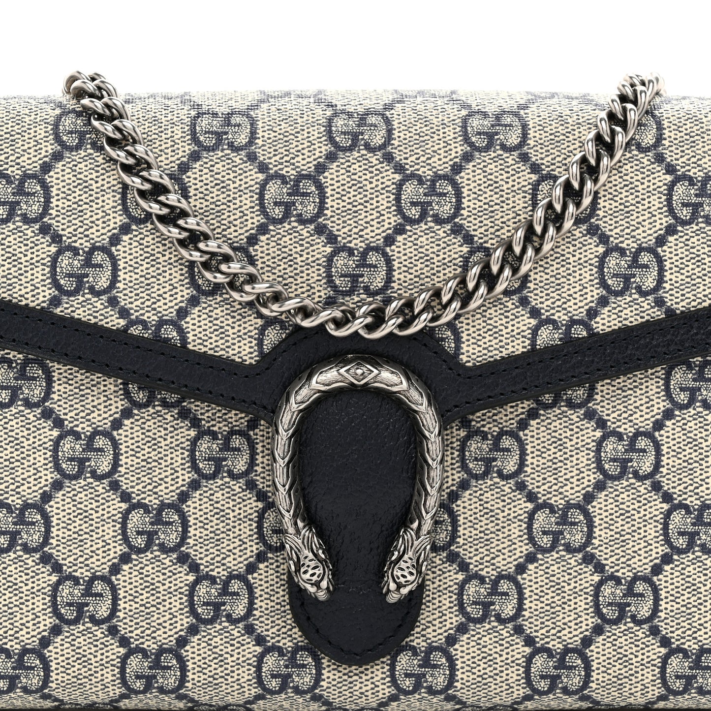 GG Supreme Monogram Textured Dollar Calfskin Mini Dionysus Chain Wallet Beige Blue