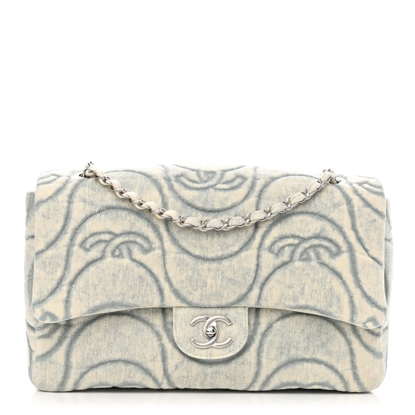 Denim Embossed CC Logo Print Jumbo Single Flap Blue