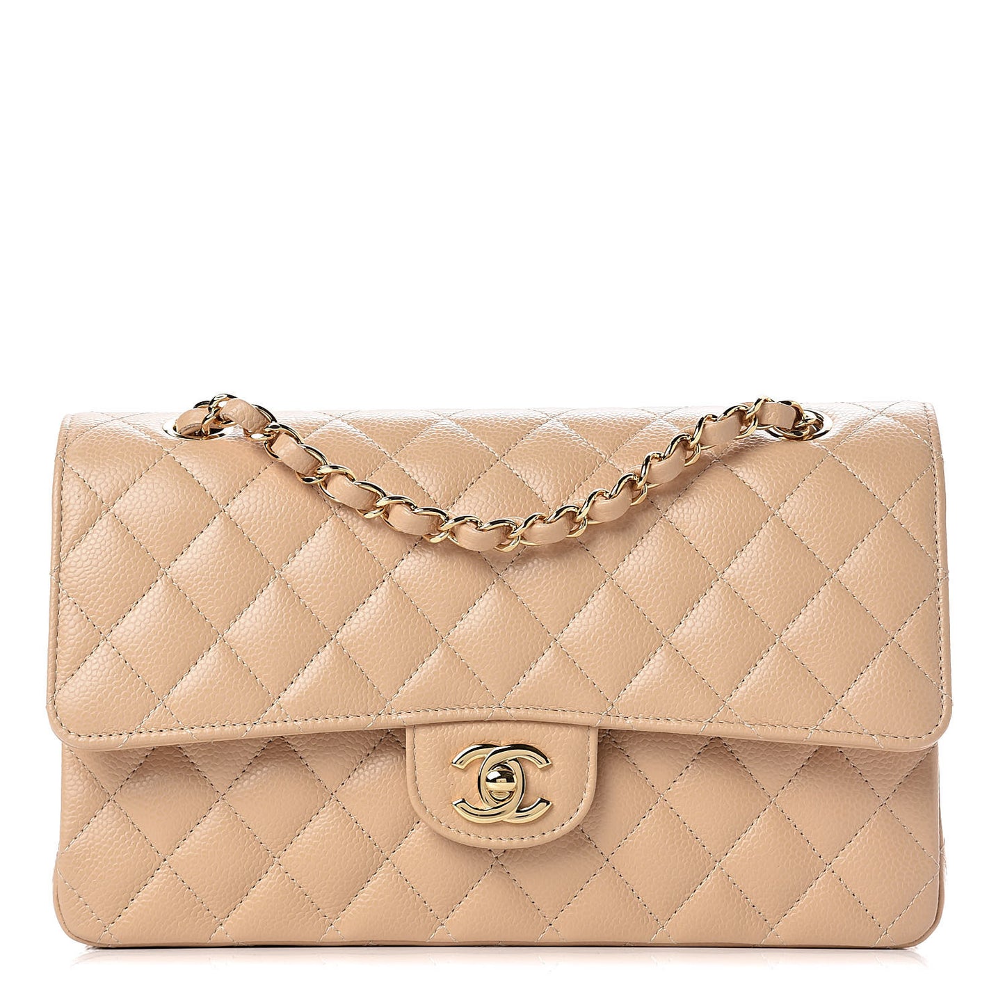 Caviar Quilted Medium Double Flap Beige Clair