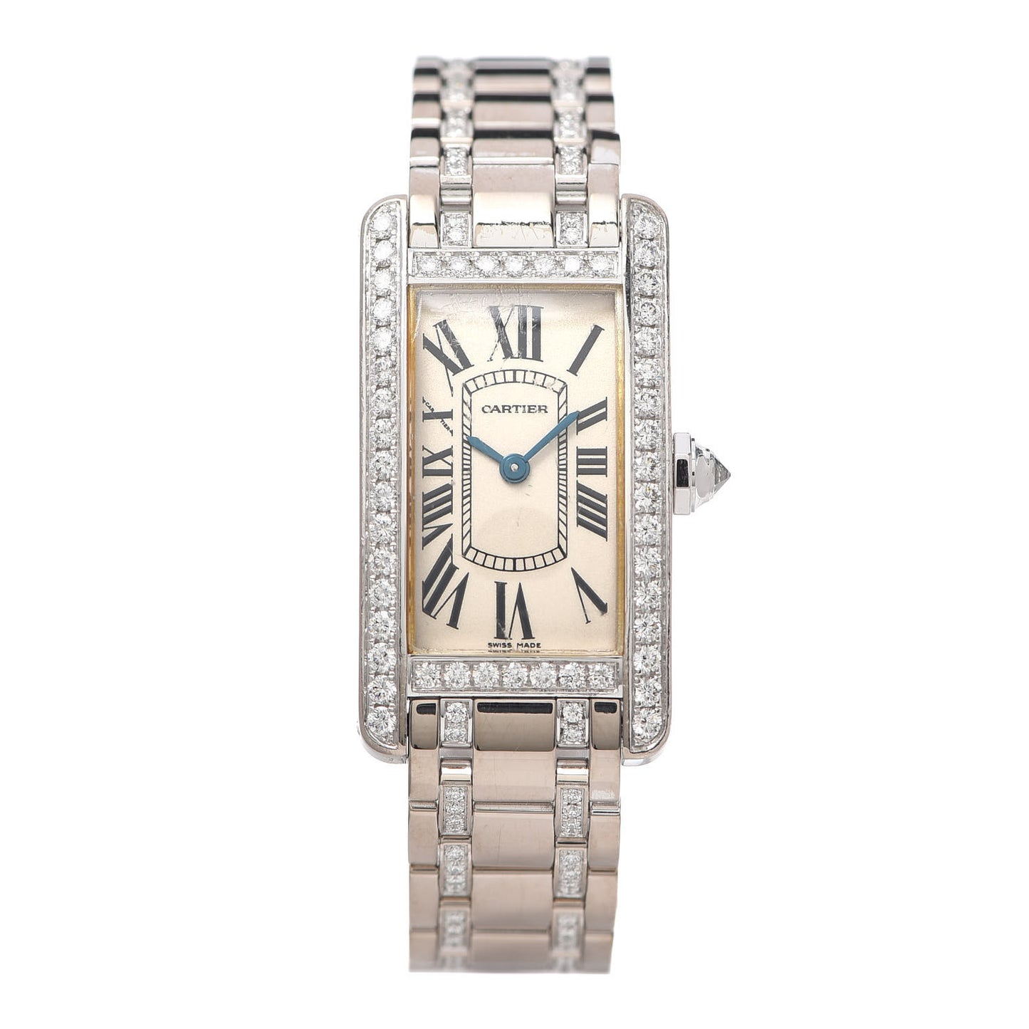 18K White Gold Diamond Bezel 19mm Tank Americaine Quartz Watch