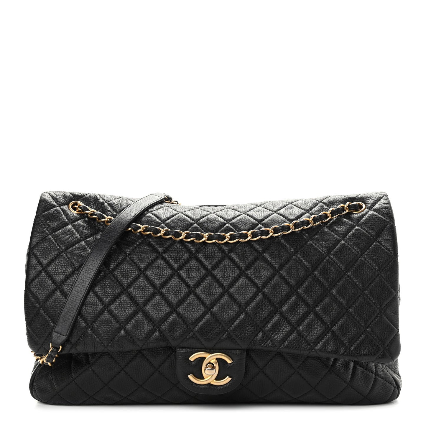 Calfskin Quilted XXL Travel Flap Bag Black
